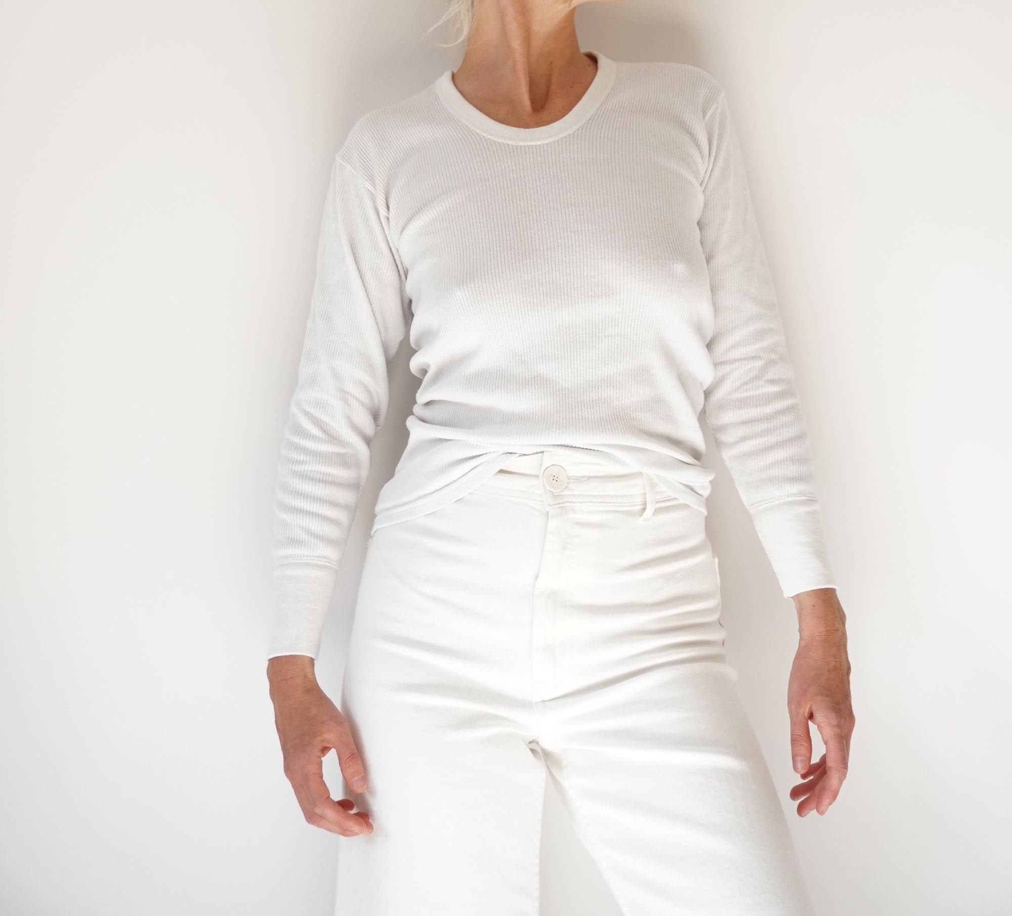 Vintage White Ribbed Cotton Shirt | Rib Knit Long Sleeve Layer Top 
