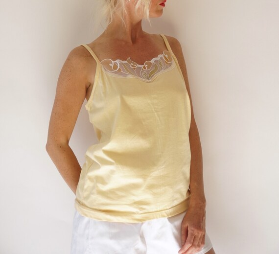 Vintage Butter Yellow Cotton Camisole W/ Floral Eyelet Detail French Top  Undershirt Rib Knit Pointelle Tank French Pointelle M 