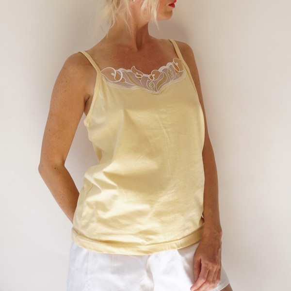 Vintage Butter Yellow Cotton Camisole w/ Floral Eyelet Detail | French Top Undershirt | Rib Knit Pointelle Tank | French Pointelle | M