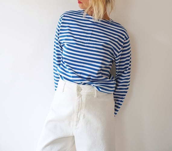 Shirt vintage en coton a rayures bleues et blanches Haut a manches longues et col bateau Mariniere parfaite Chemise bretonne Etsy France
