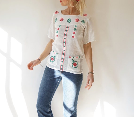 Camisa campesina blanca bordada vintage Camisa estilo blusa folclorica bordada Blusa hippie romantica Provenzal Etsy Mexico