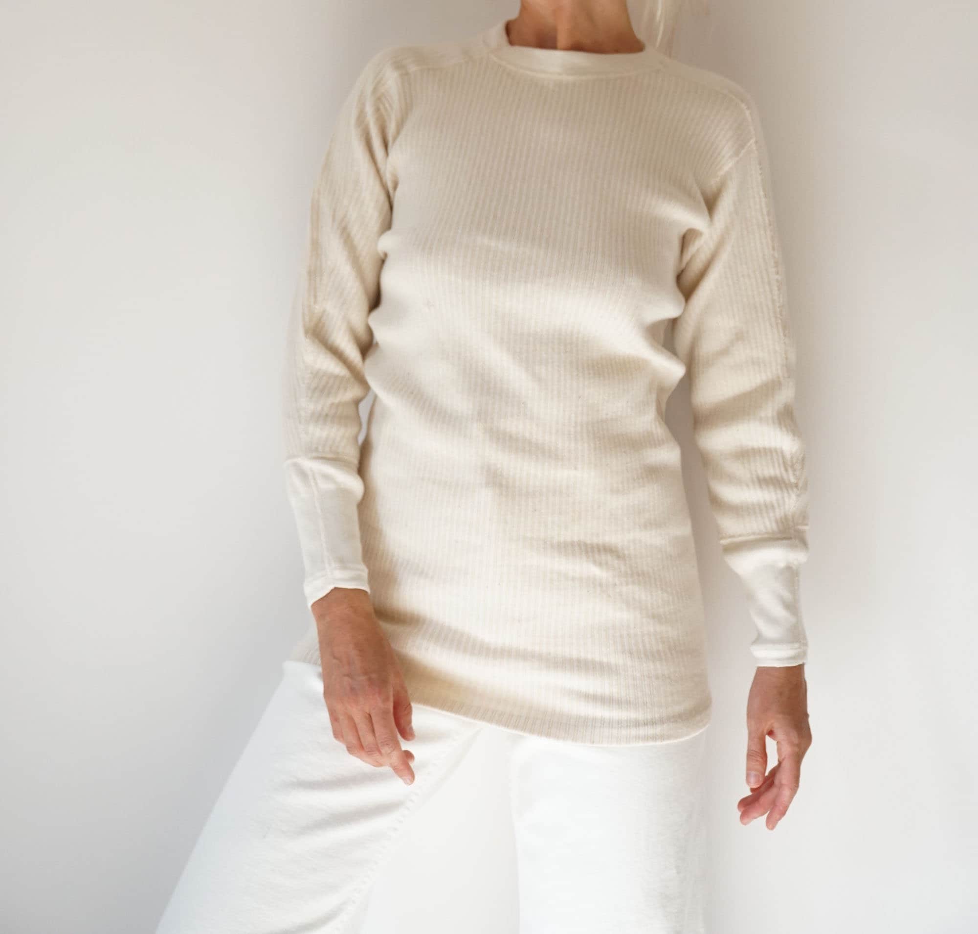 Vintage Swedish Cream Rib Knit Thermal | off White Ribbed Crew 