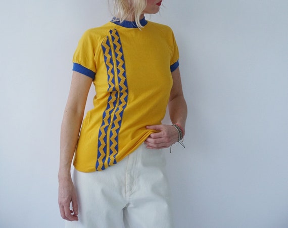 Vintage Athletic Yellow Blue Ringer T-shirt | 80s Kotaura Sports
