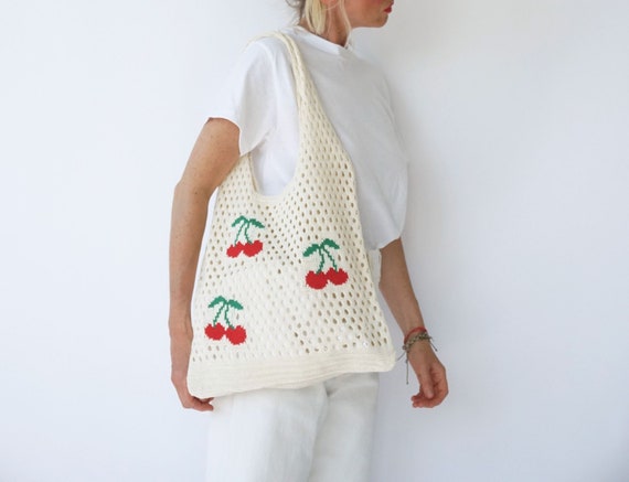 Vintage Cherries White Crochet Handwoven Bag | Fa… - image 1
