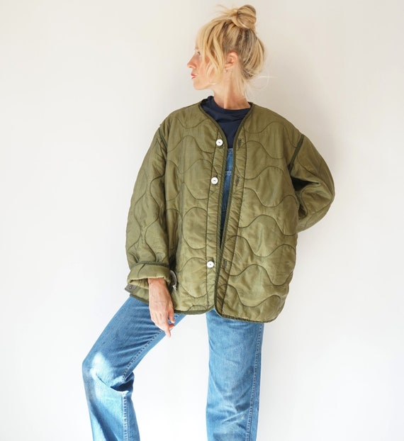 Vintage Military Quilted Liner Jacket White Button