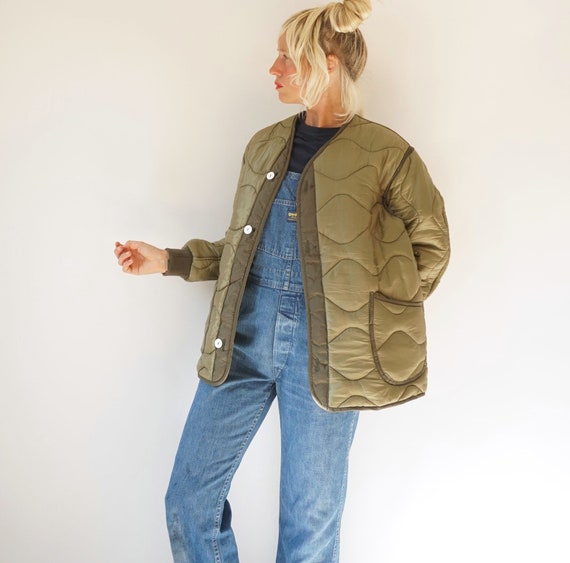 Vintage Military Quilted Liner Jacket White Butto… - image 5