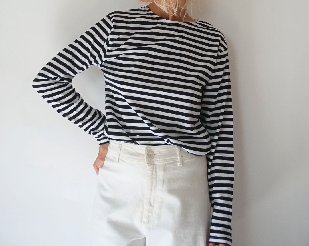 Vintage French Stripes Black and White Cotton T-shirt Boat Neck Long ...