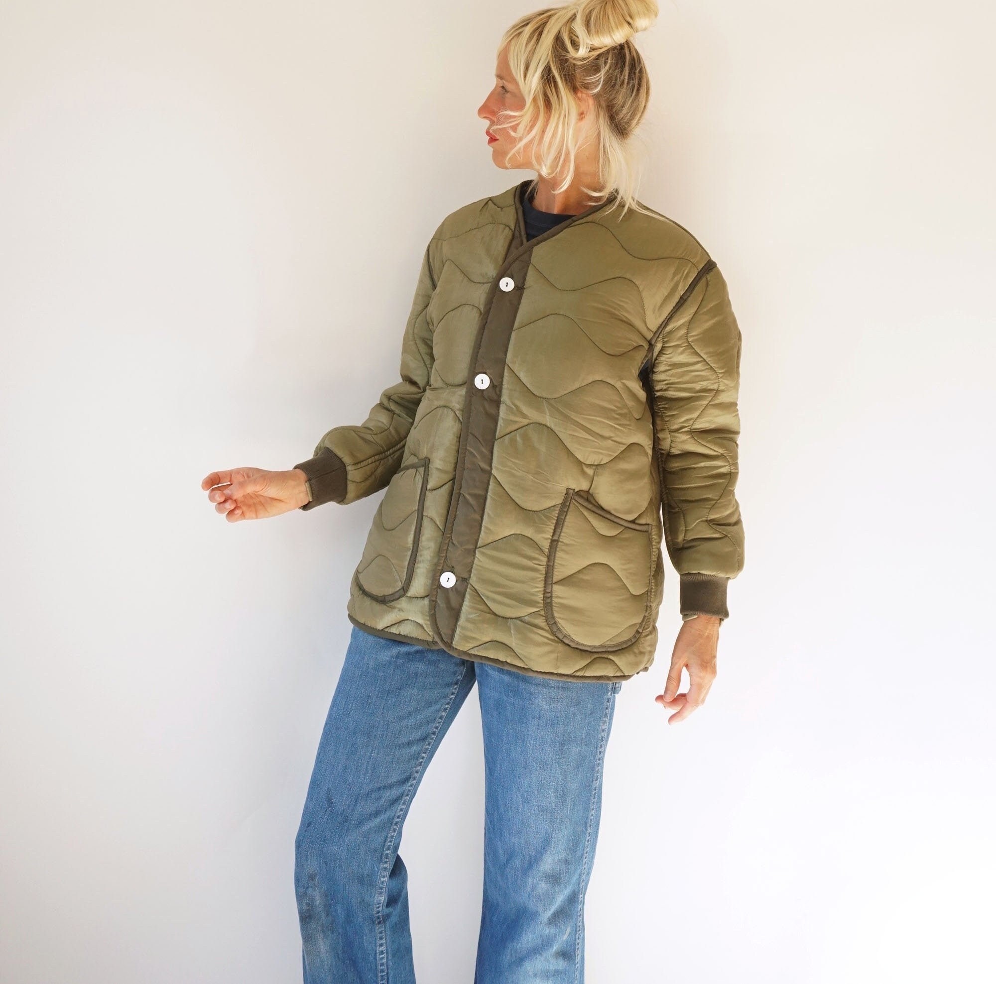 Vintage Military Quilted Liner Jacket White Buttons Vintage Military Quilted Liner Jacket White Buttons