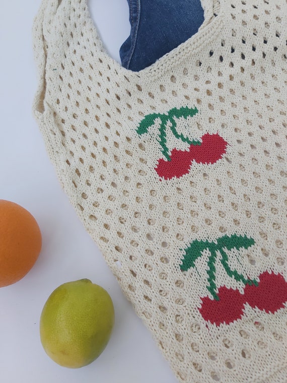 Vintage Cherries White Crochet Handwoven Bag | Fa… - image 6