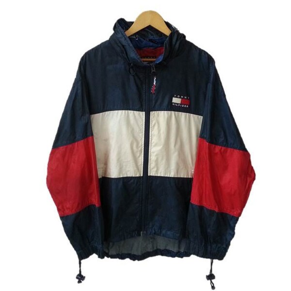 vintage tommy hilfiger big logo multicolour  windbreaker jacket xlarge mens size hip hop style 90's