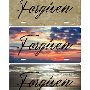 Forgiven Christian License Plate-3 Design Choices-Vintage Distressed-Colorful Sunrise or Peaceful Ocean Car Tag-Bible Verse License Plate