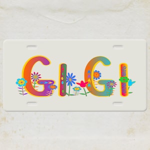 Gi Gi (Grandmother) License Plate-Rainbow and Whimsical Flowers Car Tag-Cream Car Tag-Fun Rainbow License Plate-Flowers Car License Plate