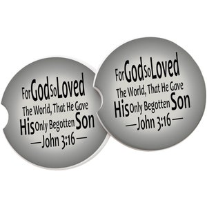 John 3:16 For God So Loved The World-Christian Bible Verse Sandstone Car Coaster-Black Quote On A Blended Grey And Cream-Set Of 2 Coasters