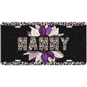 Nanny (Grandmother Name) License Plate-Purple Leopard Print and Cream Name/Boarder-Cream and Purple Glitter Sunflower-Black Speckled Car Tag