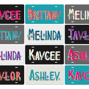 Whimsical Flowers and Personalized Custom-Name (6 Color Choices)  on a License Plate Car Tag (5 Color Choices)-Colorful Fun License Plate