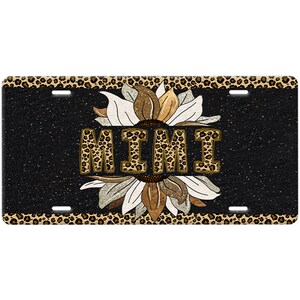 Mimi (Grandmother Name) License Plate-Caramel Leopard Print and Tan Name/Boarder-Cream-Brown-Copper Glitter Sunflower-Black Speckled Car Tag