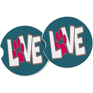 Love & Pink Paw Print Sandstone Car Coaster-White Quote-Teal Background-Absorbent Car Coaster-Auto Car Coaster-SET OF 2 Coasters-Dog Coaster