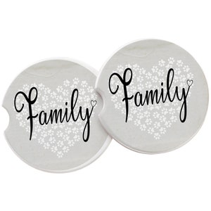 Family And White Paw Print Heart Sandstone Car Coaster-Black Quote-Distressed Cream Background-Absorbent Car Coaster-SET OF 2 Car Coasters