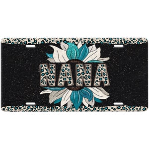Nana(Grandmother Name) License Plate-Teal Blue Leopard Print and Cream Name/Boarder-Cream-Teal Blue Glitter Sunflower-Black Speckled Car Tag