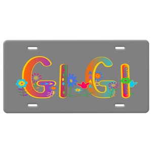 Gi Gi (Grandmother) License Plate-Rainbow and Whimsical Flowers Car Tag-Grey Car Tag-Fun Rainbow License Plate-Flowers Car License Plate Tag