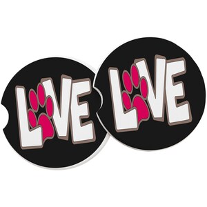 Love & Pink Paw Print Sandstone Car Coaster-White Quote-Black Background-Absorbent Car Coaster-Auto Car Coaster-SET OF 2 Coasters