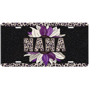 Nana (Grandmother Name) License Plate-Purple Leopard Print and Cream Name/Boarder-Cream and Purple Glitter Sunflower-Black Speckled Car Tag