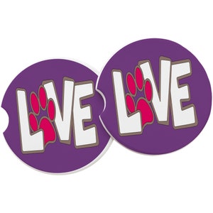 Love & Pink Paw Print Sandstone Car Coaster-White Quote-Purple Background-Absorbent Car Coaster-Auto Car Coaster-SET OF 2 Coasters