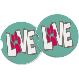 Love & Pink Paw Print Sandstone Car Coaster-White Quote-Mint Green Background-Absorbent Car Coaster-Auto Car Coaster-SET OF 2 Coasters