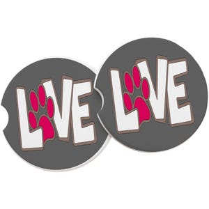 Love & Pink Paw Print Sandstone Car Coaster-White Quote-Grey Background-Absorbent Car Coaster-Auto Car Coaster-SET OF 2 Coasters-Dog Coaster