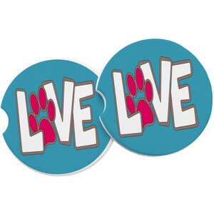 Love & Pink Paw Print Sandstone Car Coaster-White Quote-Blue Background-Absorbent Car Coaster-Auto Car Coaster-SET OF 2 Coasters