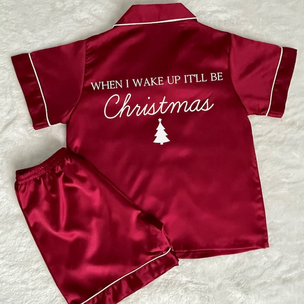 Personalised Christmas PJs Pyjamas Satin When I Wake Up Girls Present Teen Gift Present Burgundy Red Matching Family Pjs Xmas Eve Box