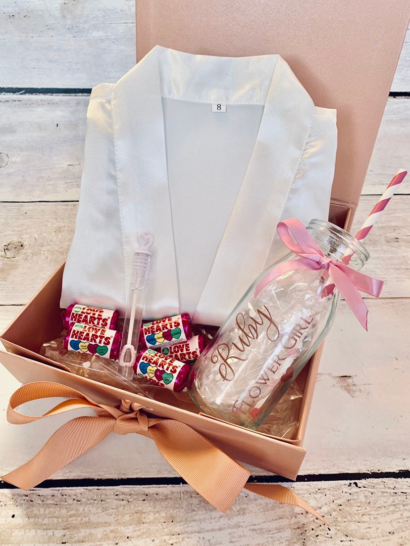 Personalised Flower Girl Gift Set Hamper Box Satin Robe Glass Etsy UK