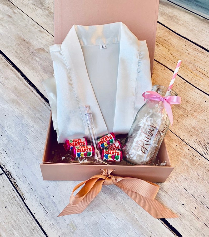 Personalised Flower Girl Gift Set Hamper Box Satin Robe Glass Etsy