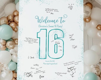 Sweet 16 sign in board, Guest book alternative, Blue Teal signature sign, Welcome poster, 16th birthday party decoration, Editable, DIGITAL