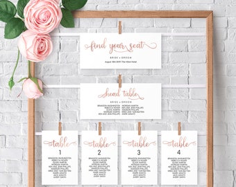 Wedding Seating Chart Template, Printable Wedding Seating Plan, 5x7, 4x6 and 3.5x5 Editable Table Seating Plan, Rose Gold Table Numbers, DIY