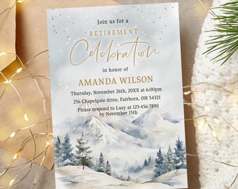 Winter Retirement Invitation, Boho Rustic Men's or Women's Party Invite, Snow, Sage Green, Evergreen, Pine, Forest and Mountains, Template