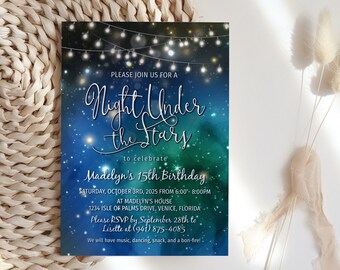 Night under the stars Birthday Party Invitation, Galaxy Digital Invite, Printable String Lights invitation, Blue Teal Starry Sky Night Card