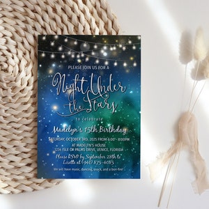 Notte sotto le stelle Invito alla festa di compleanno, Invito digitale Galaxy, Invito stampabile con luci a corda, Biglietto notturno con cielo stellato blu acquamarina