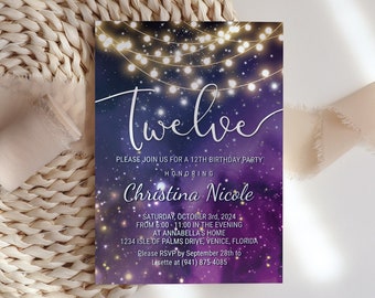 May include: Purple and blue galaxy-themed birthday invitation with twinkling lights and the text "Twelve" and "Christina Nicole". The invitation includes the date, time, and location of the party.