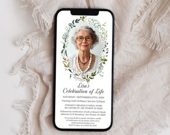 Celebration of life Electronic Invitation, Greenery Funeral Photo Invite, Digital Funeral Announcement Template, Memorial Editable Evite
