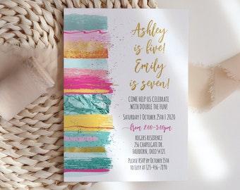 Sisters Birthday Invitation, Joint Birthday Invitation, Digital Invite for girls, Pastel Pink Gold Teal, ANY AGE, Instant Download PRINTABLE