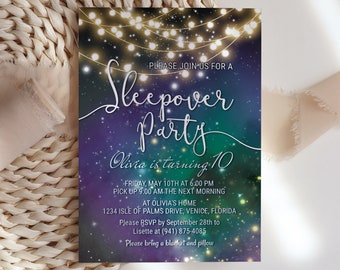 Inbjudan till pyjamasfest, GALAXY & ljusslinga inbjudan, pyjamasfestinbjudan, SLUMBER födelsedagsinbjudan för flickor, stjärnklar himmel natt