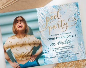 Tropical Pool Party Photo Invitation Sky Blue Gold Summer Invite 21st Birthday Trendy Swimming Cocktail Party Fun Backyard Girls Celebration