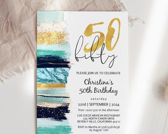 50th Birthday Invitation for Women, Gold Teal Turquoise Elegant Women's Birthday Brunch Invite, Modern Celebration Digital E-invite, ANY AGE