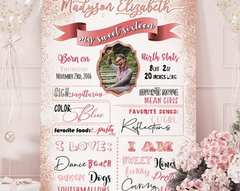 Sweet 16 Birthday Stats with Photo, Milestone Birthday Poster, Rose Gold White Black Board, Graduation Milestone Board, Any Age DIGITAL FILE