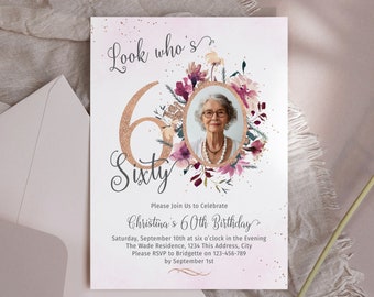 Elegant 60th Birthday Party Invitation, Custom Milestone Celebration Invite, Personalized Sixtieth Birthday Photo Card, Floral Rose Gold Her