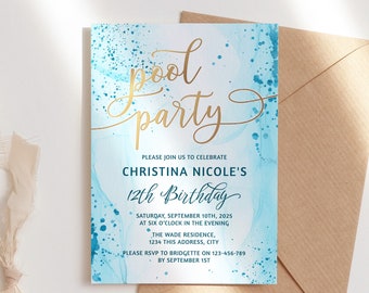 Pool Party Invitation Sky Blue Summer Invite for Boys or Girls Trendy Swimming BBQ Birthday Party Fun Backyard Celebration Editable Template