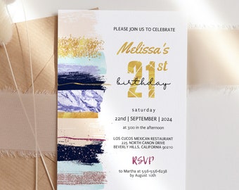 21st Birthday Invitation for Women, Blush Pink Blue Gold Elegant Women's Birthday Party Invite, Trendy Celebration Digital E-invite, ANY AGE