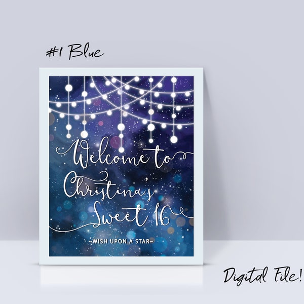 16th Birthday Sign, Welcome Sign, Sweet Sixteen Birthday Poster, Galaxy Blue Purple Party Poster, String Lights and Bokeh - ANY AGE