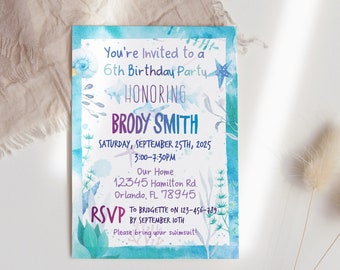 BEACH PARTY Invitation, Under the sea invite, Summer Ocean Birthday Party Teen Girls or Boys, Fish Purple Blue Watercolor Editable Template